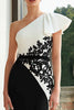 Load image into Gallery viewer, Black and White Mermaid One Shoulder Ruffled Long Formal Dress with Appliques