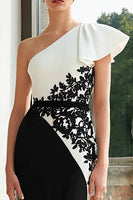 Load image into Gallery viewer, Black and White Mermaid One Shoulder Ruffled Long Formal Dress with Appliques