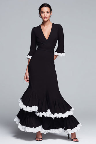 Black and White Mermaid V-Neck Half Sleeves Long Formal Dress with Ruffles