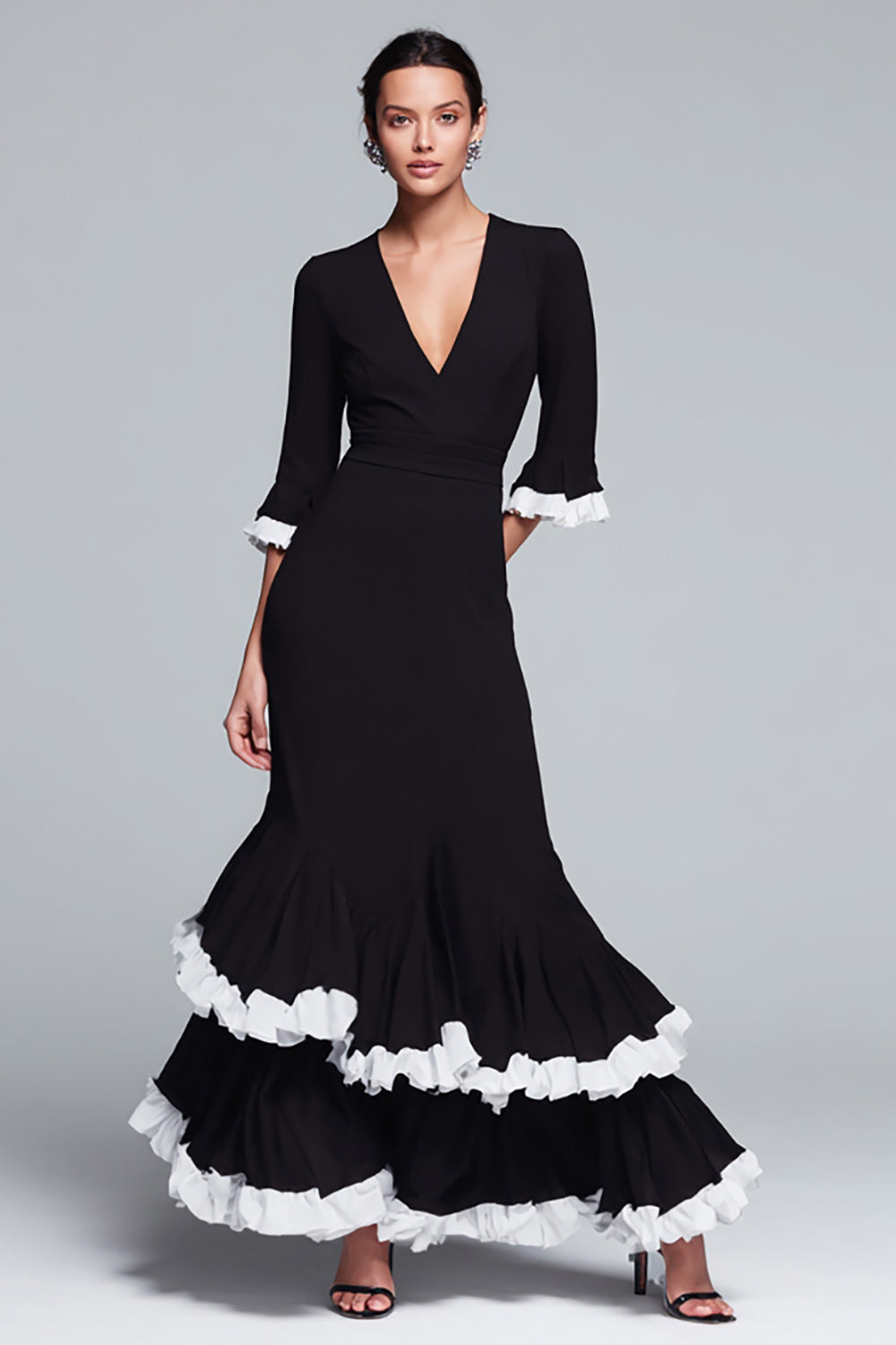 Black and White Mermaid V-Neck Half Sleeves Long Formal Dress with Ruffles