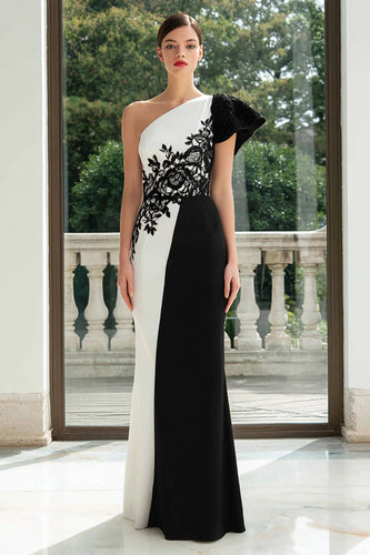 Black and White Satin Mermaid One Shoulder Long Formal Dress with Appliques