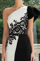 Load image into Gallery viewer, Black and White Satin Mermaid One Shoulder Long Formal Dress with Appliques