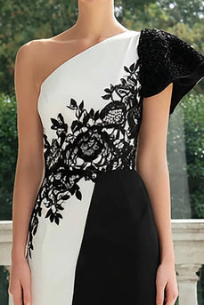 Black and White Satin Mermaid One Shoulder Long Formal Dress with Appliques