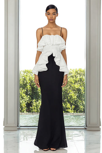 Black and White Mermaid Spaghetti Straps Long Formal Dress with Ruffles