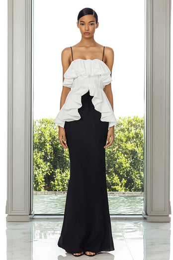 Black and White Mermaid Spaghetti Straps Long Formal Dress with Ruffles