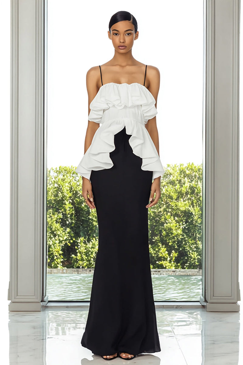 Load image into Gallery viewer, Black and White Mermaid Spaghetti Straps Long Formal Dress with Ruffles