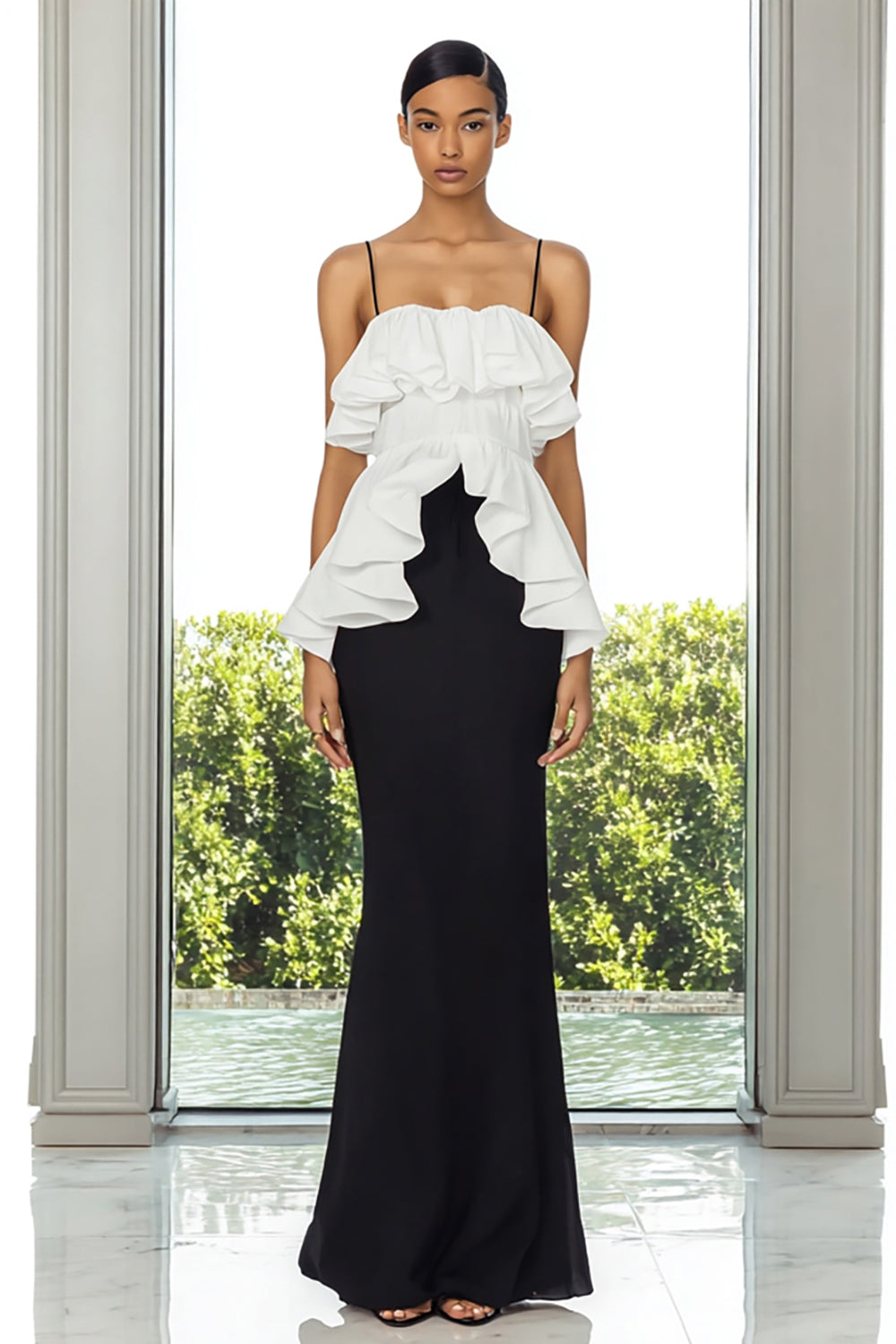 Black and White Mermaid Spaghetti Straps Long Formal Dress with Ruffles