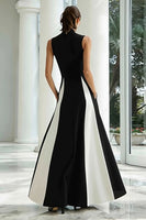 Load image into Gallery viewer, Black and White Satin A Line High Neck Patchwork Long Formal Dress