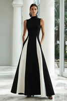 Load image into Gallery viewer, Black and White Satin A Line High Neck Patchwork Long Formal Dress