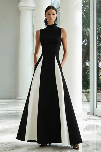 Black and White Satin A Line High Neck Patchwork Long Formal Dress