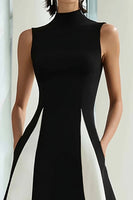 Load image into Gallery viewer, Black and White Satin A Line High Neck Patchwork Long Formal Dress