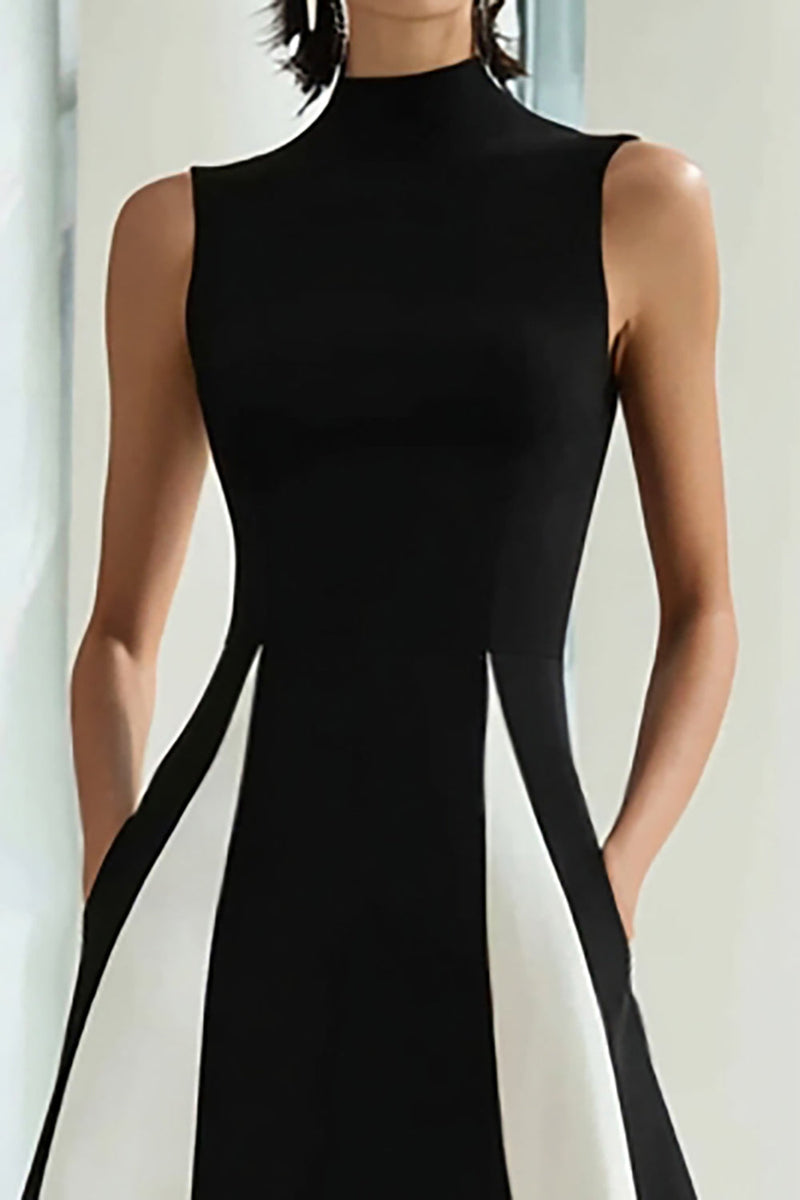 Load image into Gallery viewer, Black and White Satin A Line High Neck Patchwork Long Formal Dress