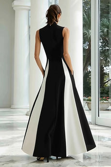 Black and White Satin A Line High Neck Patchwork Long Formal Dress