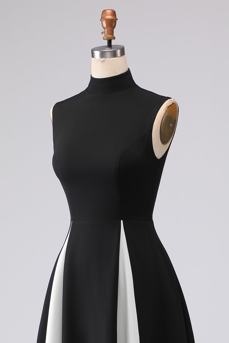 Load image into Gallery viewer, Plus Size Black and White A Line High Neck Satin Patchwork Long Formal Dress