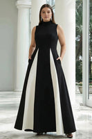 Load image into Gallery viewer, Plus Size Black and White A Line High Neck Satin Patchwork Long Formal Dress