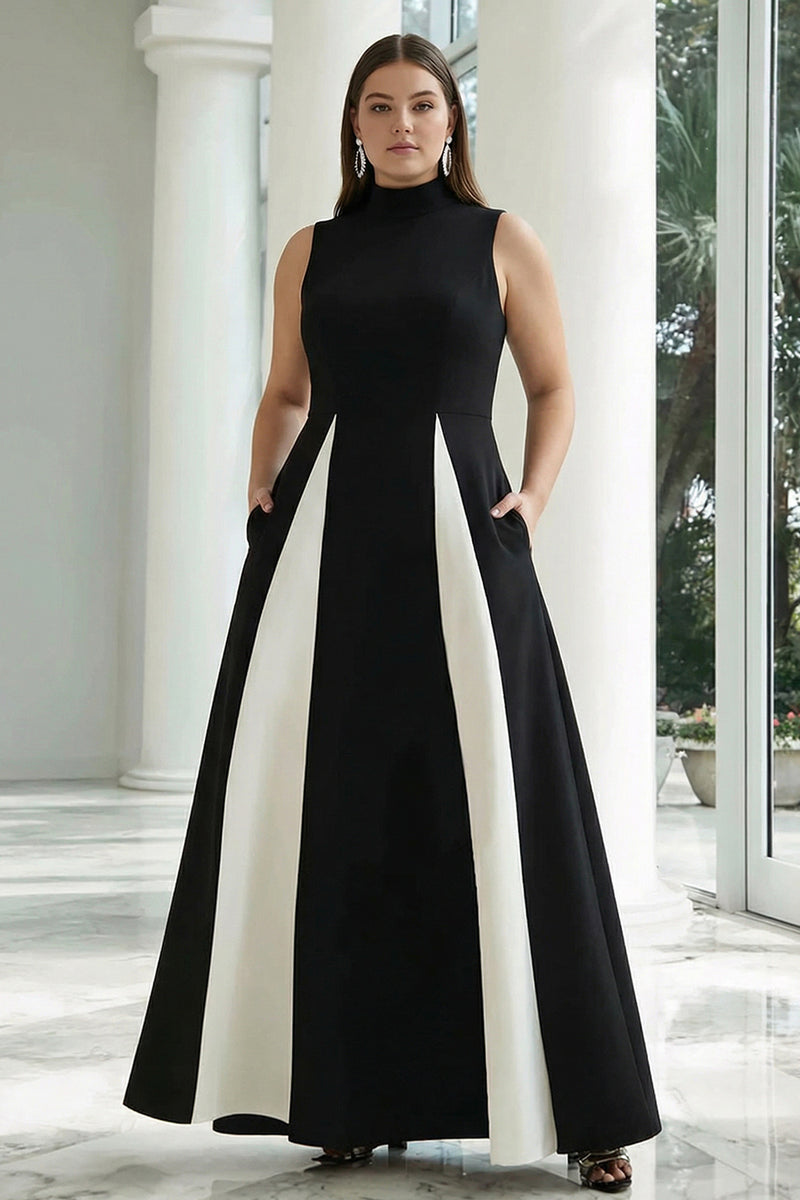 Load image into Gallery viewer, Plus Size Black and White A Line High Neck Satin Patchwork Long Formal Dress