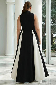 Plus Size Black and White A Line High Neck Satin Patchwork Long Formal Dress