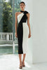 Load image into Gallery viewer, Simple Black and White Satin Patchwork Sheath Midi Formal Dress
