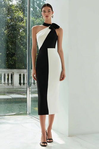 Simple Black and White Satin Patchwork Sheath Midi Formal Dress