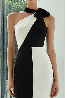 Simple Black and White Satin Patchwork Sheath Midi Formal Dress