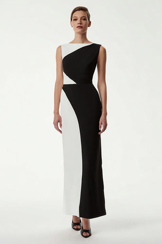 Black and White Satin Sheath Bateau Neck Patchwork Long Formal Dress