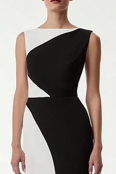 Black and White Satin Sheath Bateau Neck Patchwork Long Formal Dress