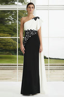 Load image into Gallery viewer, Black and White Mermaid Appliqued One Shoulder Long Formal Dress with Side Cape