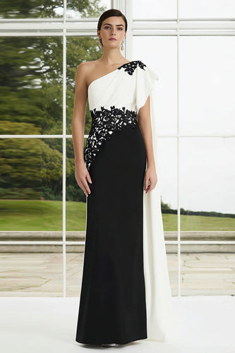 Black and White Mermaid Appliqued One Shoulder Long Formal Dress with Side Cape