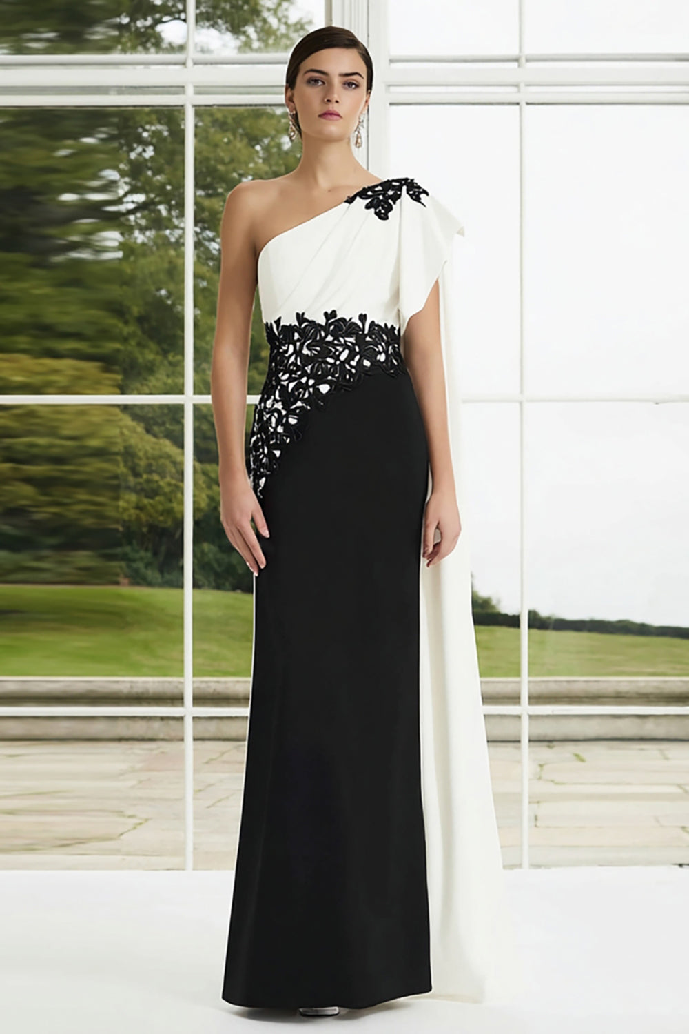 Black and White Mermaid Appliqued One Shoulder Long Formal Dress with Side Cape