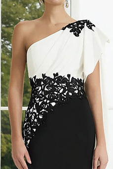 Black and White Mermaid Appliqued One Shoulder Long Formal Dress with Side Cape