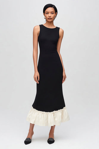 Simple Black and White Satin Mermaid Round Neck Long Formal Dress with Ruffles