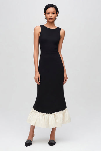 Simple Black and White Satin Mermaid Round Neck Long Formal Dress with Ruffles