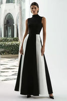 Load image into Gallery viewer, Black and White High Neck A Line Patchwork Satin Long Formal Dress