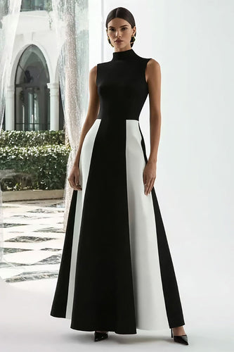 Black and White High Neck A Line Patchwork Satin Long Formal Dress