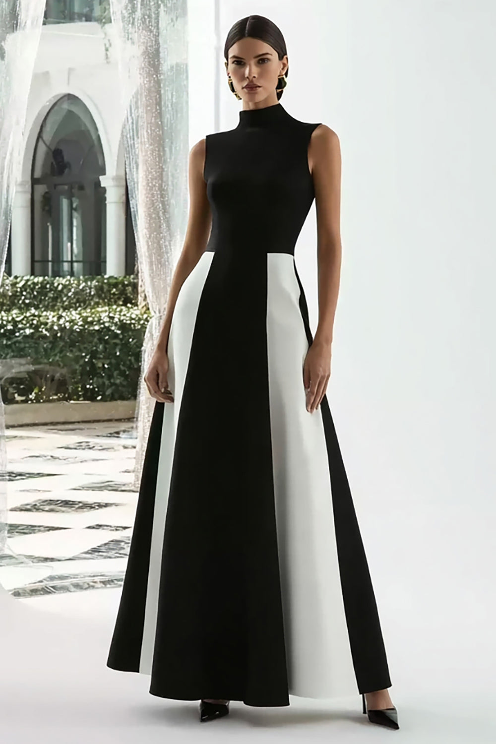Black and White High Neck A Line Patchwork Satin Long Formal Dress