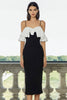 Load image into Gallery viewer, Black and White Pencil Satin Cold Shoulder Midi Formal Dress with Ruffles