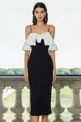 Black and White Pencil Satin Cold Shoulder Midi Formal Dress with Ruffles