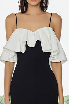 Black and White Pencil Satin Cold Shoulder Midi Formal Dress with Ruffles