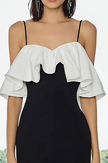Black and White Pencil Satin Cold Shoulder Midi Formal Dress with Ruffles