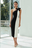 Load image into Gallery viewer, Black and White Patchwork Pencil One Shoulder Midi Formal Dress with Bow
