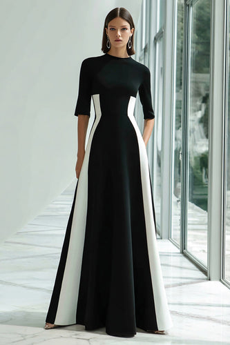 Black and White A Line Patchwork Half Sleeves Long Formal Dress