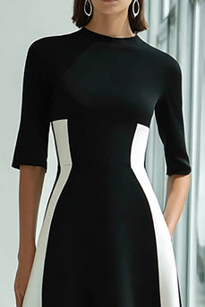 Black and White A Line Patchwork Half Sleeves Long Formal Dress