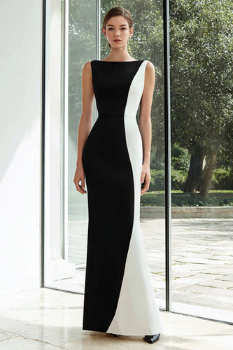 Black and White Patchwork Satin Mermaid Bateau Neck Long Formal Dress