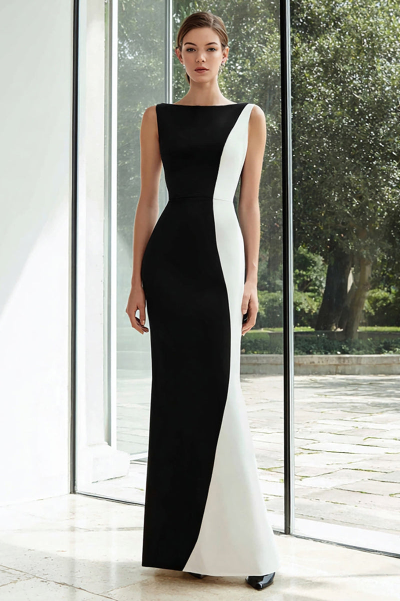 Load image into Gallery viewer, Black and White Patchwork Satin Mermaid Bateau Neck Long Formal Dress