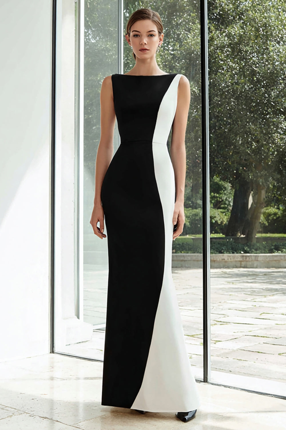 Black and White Patchwork Satin Mermaid Bateau Neck Long Formal Dress