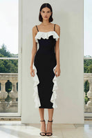 Load image into Gallery viewer, Black and White Spaghetti Straps Pencil Midi Formal Dress with Ruffles