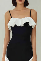 Load image into Gallery viewer, Black and White Spaghetti Straps Pencil Midi Formal Dress with Ruffles