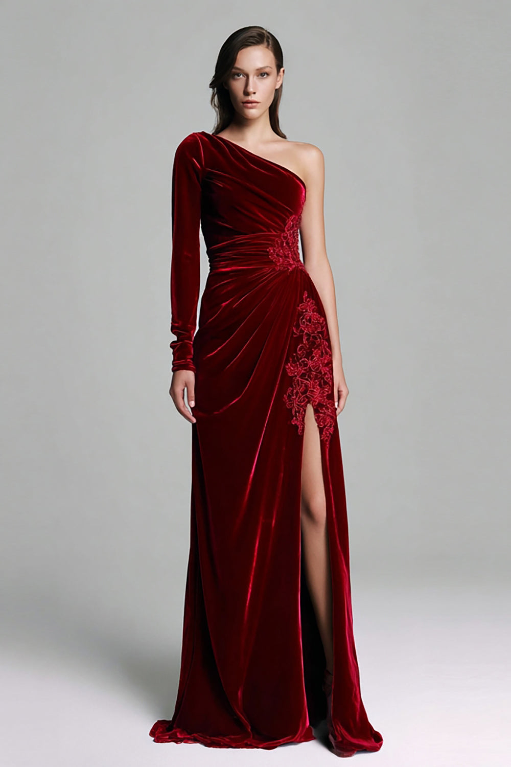 Burgundy Velvet Sheath Ruched Long Sleeves Holiday Party Dress with Slit