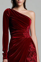 Load image into Gallery viewer, Burgundy Velvet Sheath Ruched Long Sleeves Holiday Party Dress with Slit