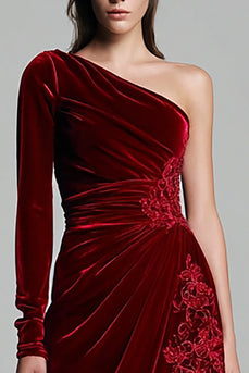 Burgundy Velvet Sheath Ruched Long Sleeves Holiday Party Dress with Slit